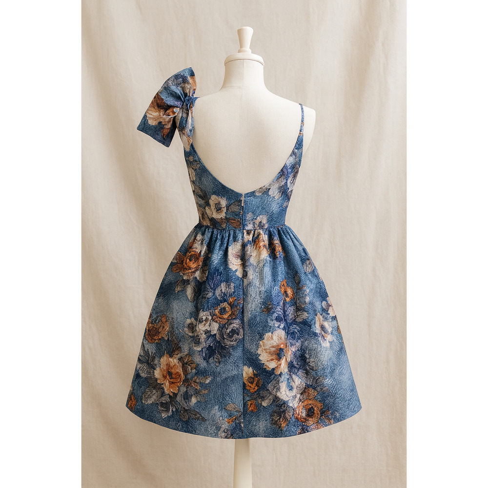 Storia Floral Jacquard Mini Dress S One Shoulder Bow Fit & Flare NWT Cottagecore - Picture 2 of 15